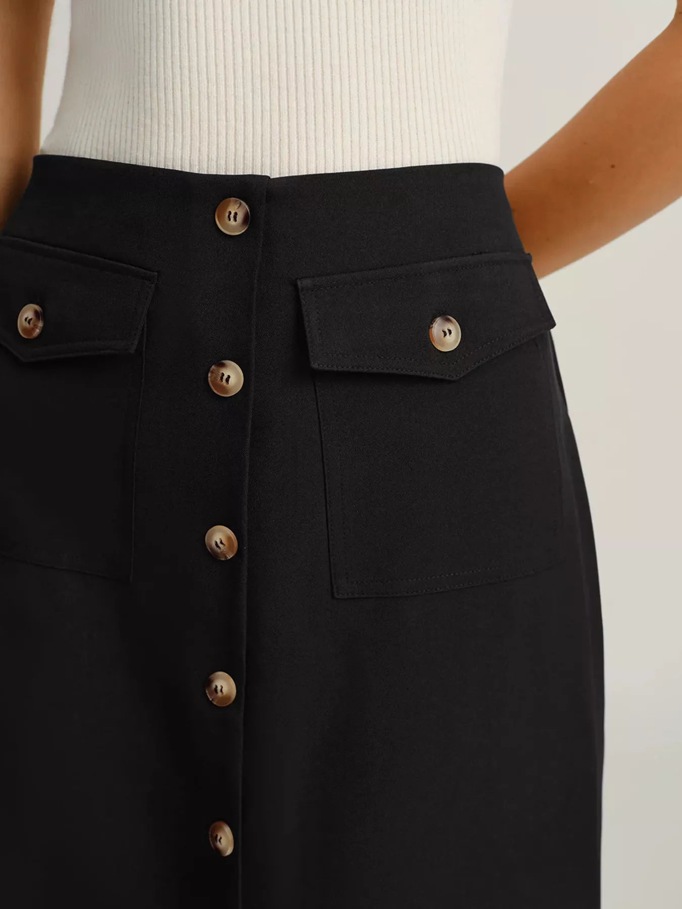Women Button-Front Pocketed Midi Skirt nicholesgifts