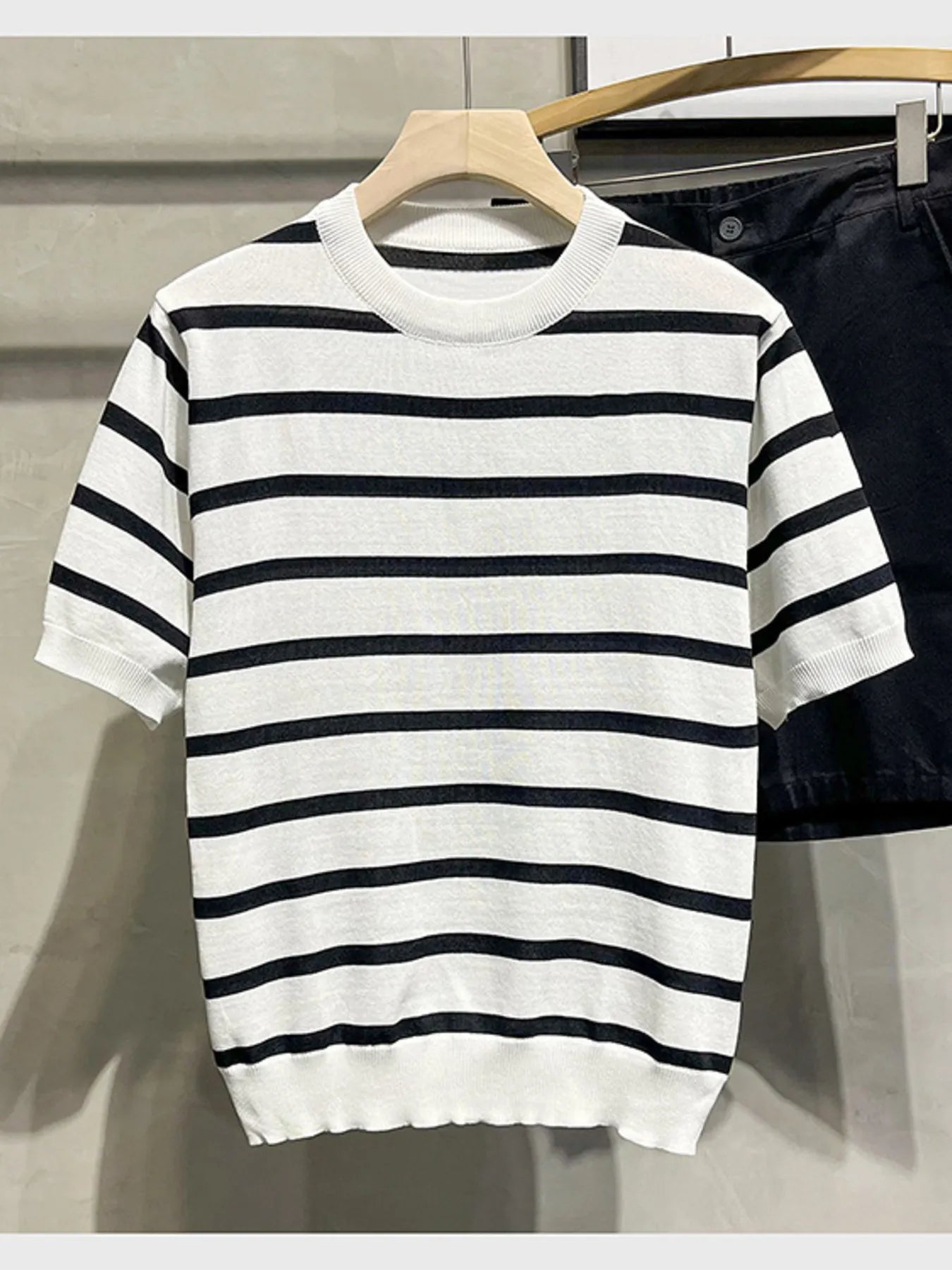 Men's Full Size Classic Striped Knit Short Sleeve T-Shirt Plus Size Trendsi