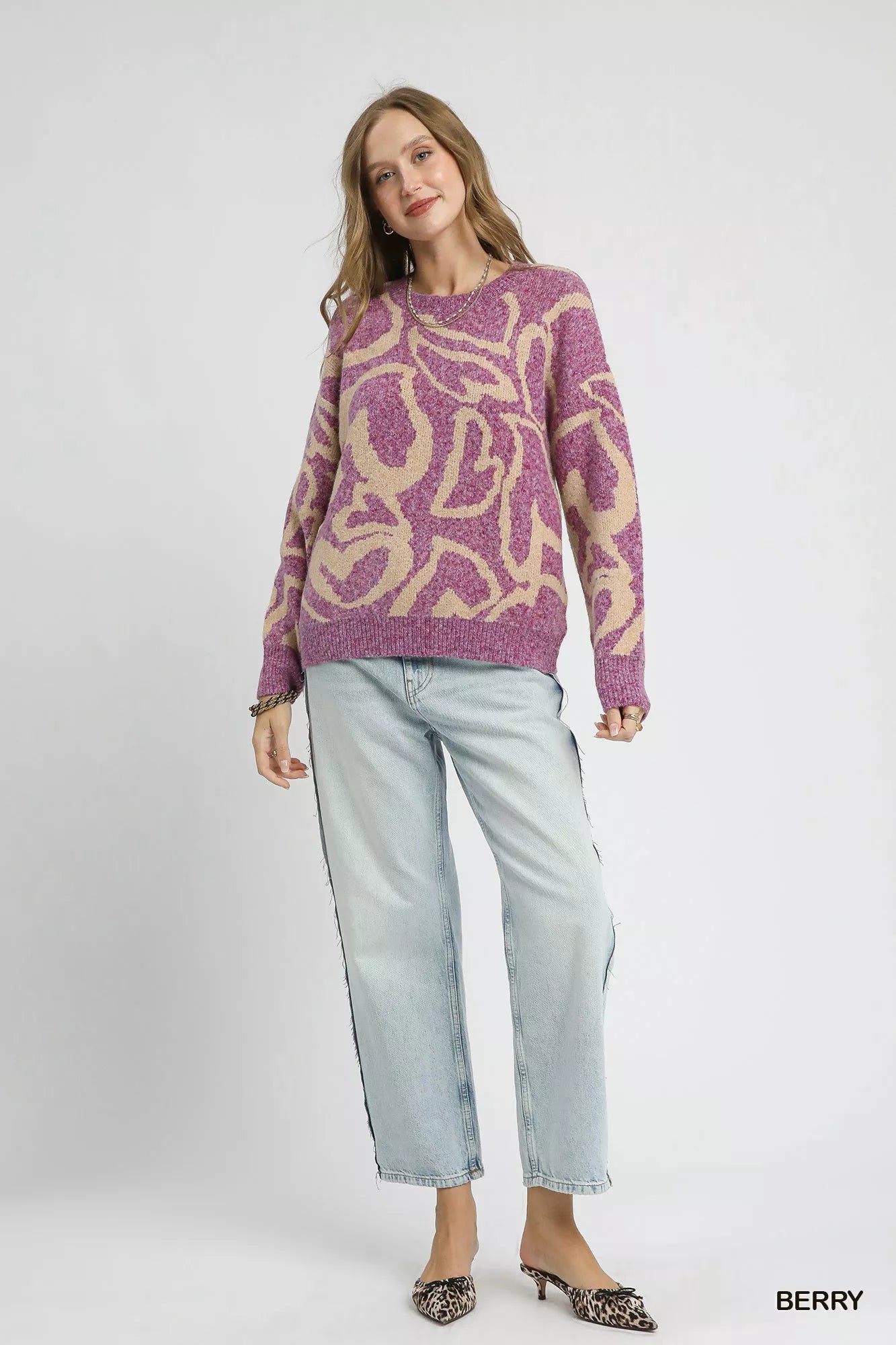 Umgee Ribbed Hem Contrast Dropped Shoulder Sweater