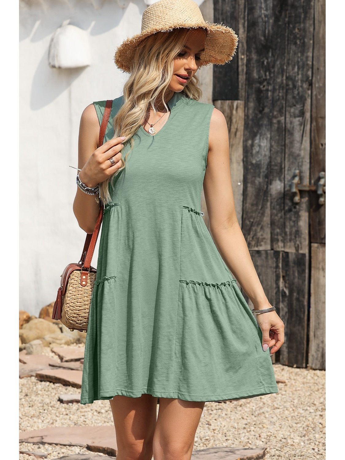 Women Frill Notched Sleeveless Mini Dress nicholesgifts