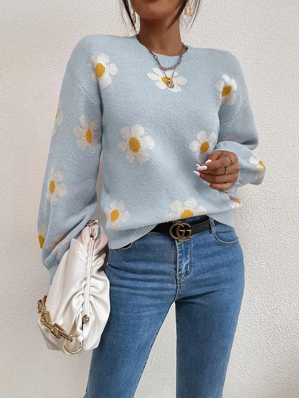 Flower Round Neck Latern Sleeve Sweater Trendsi
