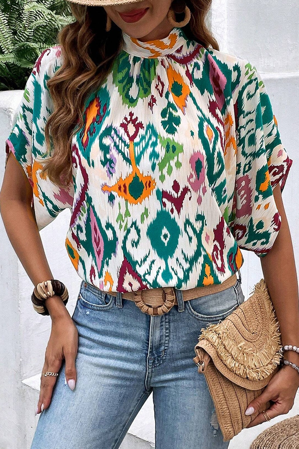 Printed Mock Neck Half Sleeve Blouse nicholesgifts