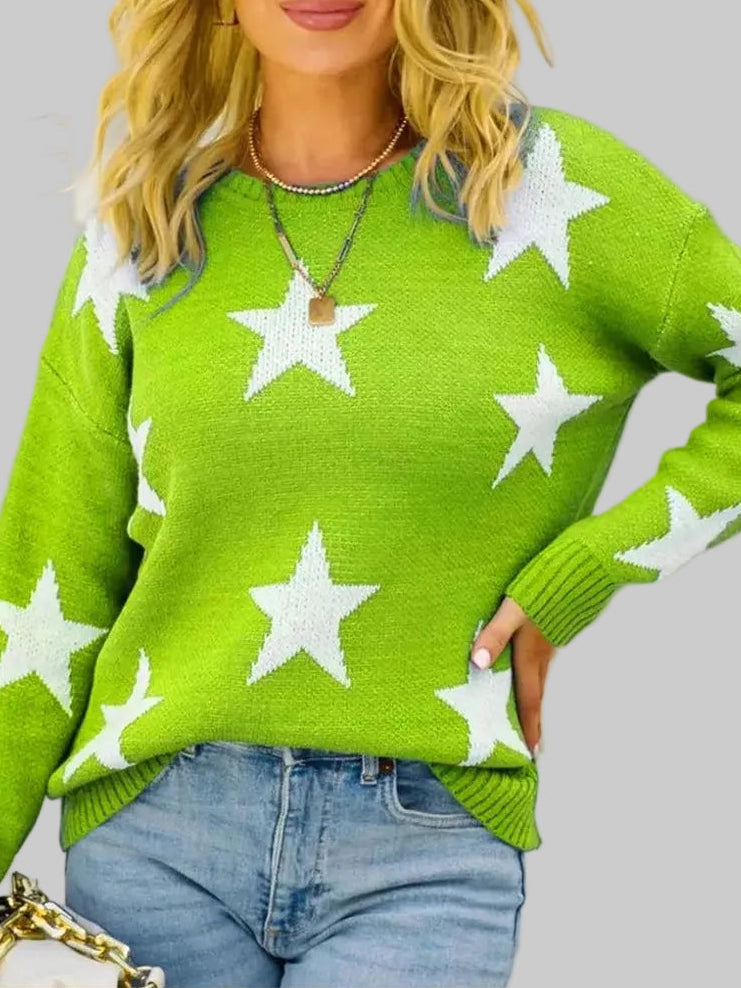 Star Pattern Round Neck Pullover Sweater nicholesgifts