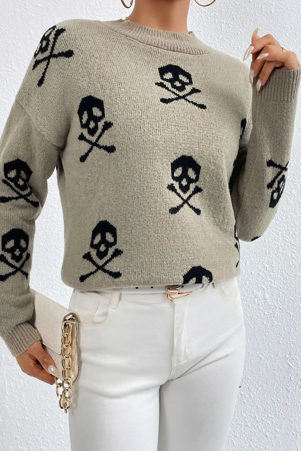 Women Graphic Mock Neck Dropped Shoulder Sweater