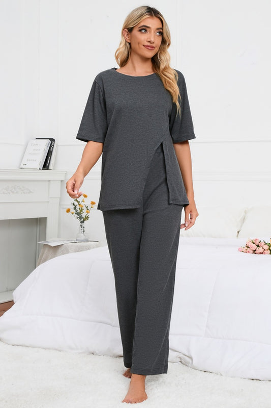 Slit Round Neck Top and Pants Lounge Set NicholesGifts