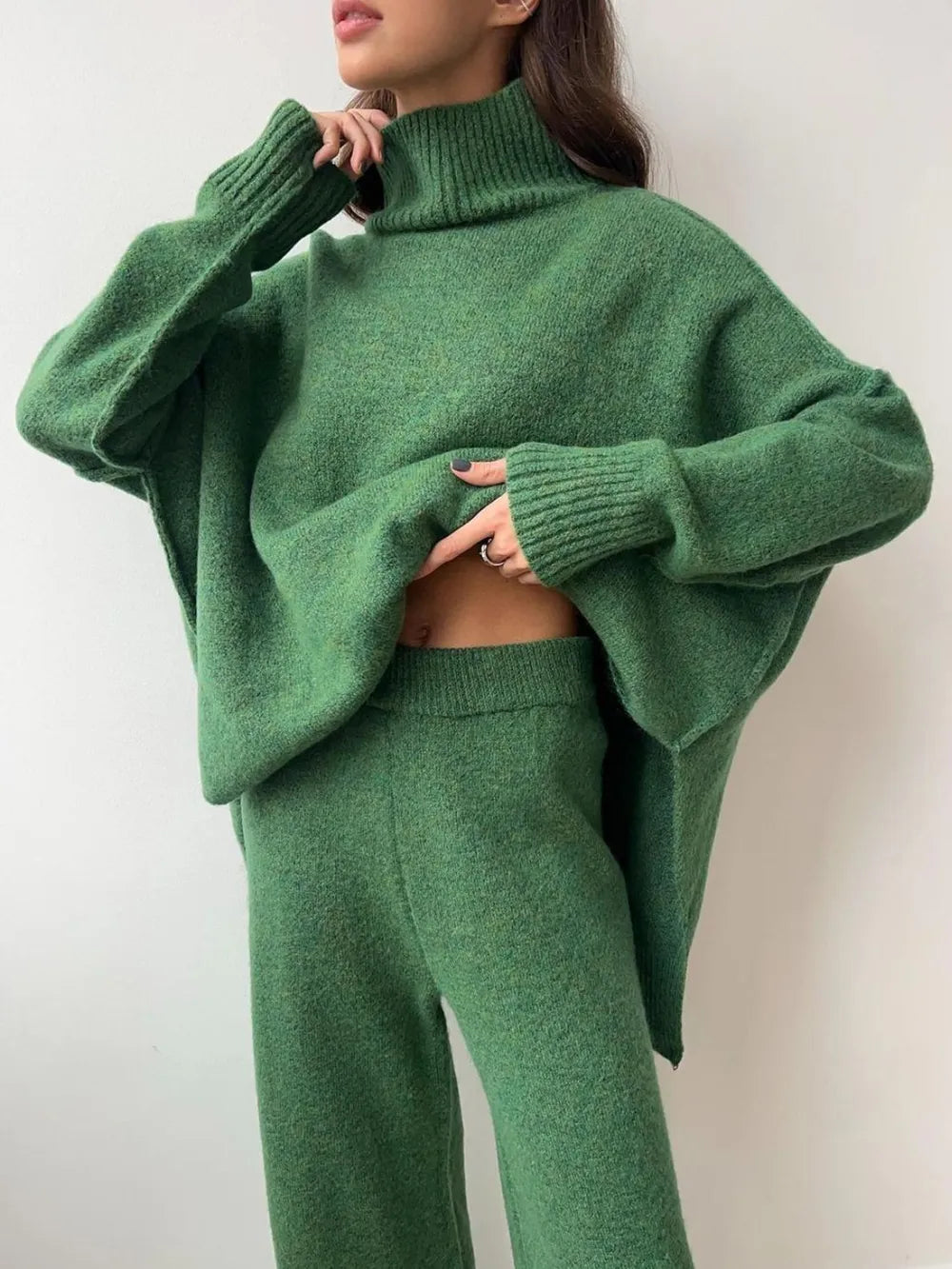 Slit Turtleneck Long Sleeve Top and Pants Sweater Set nicholesgifts