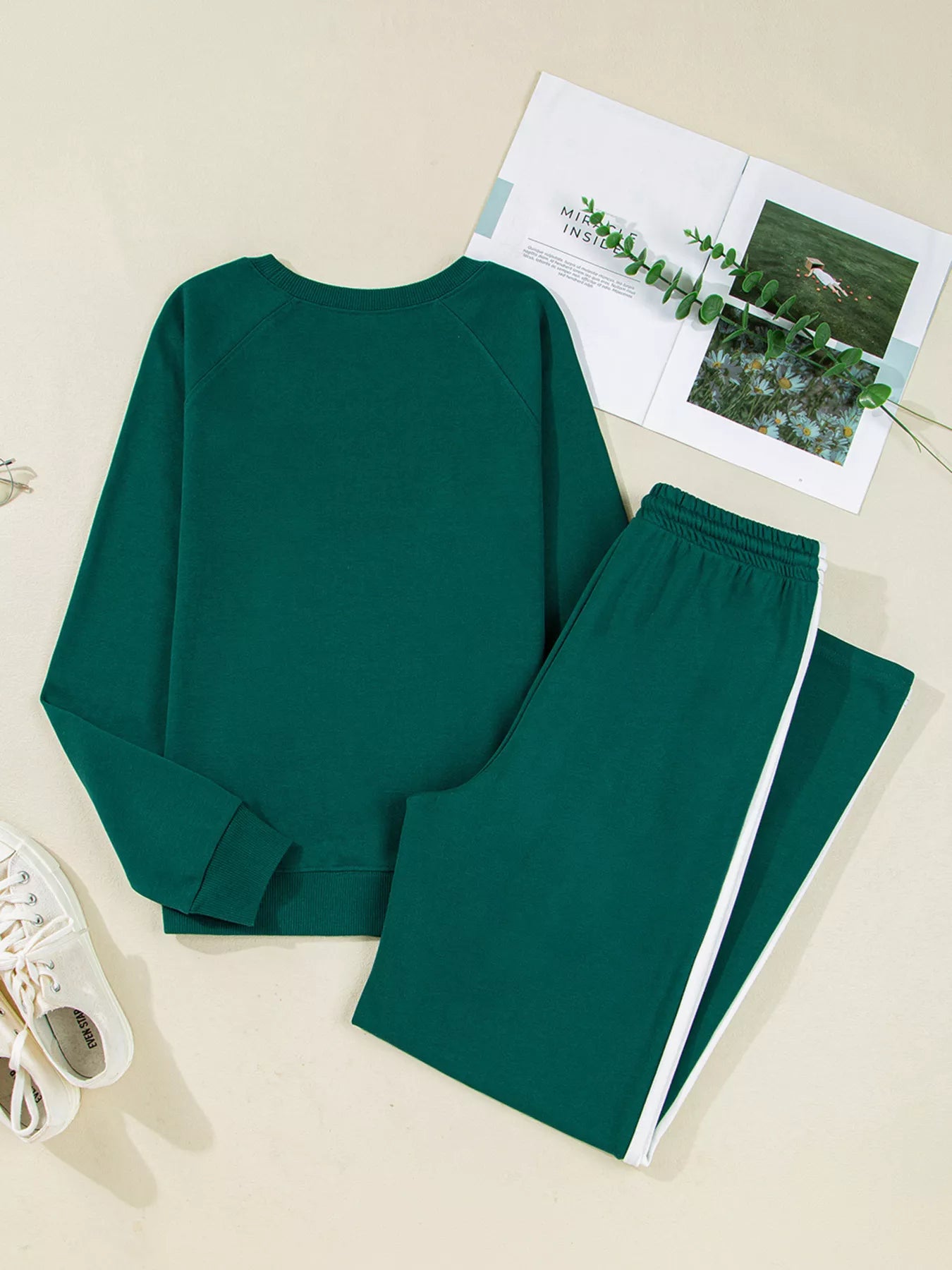 Round Neck Top and Stripe Detail Drawstring Pants Set nicholesgifts