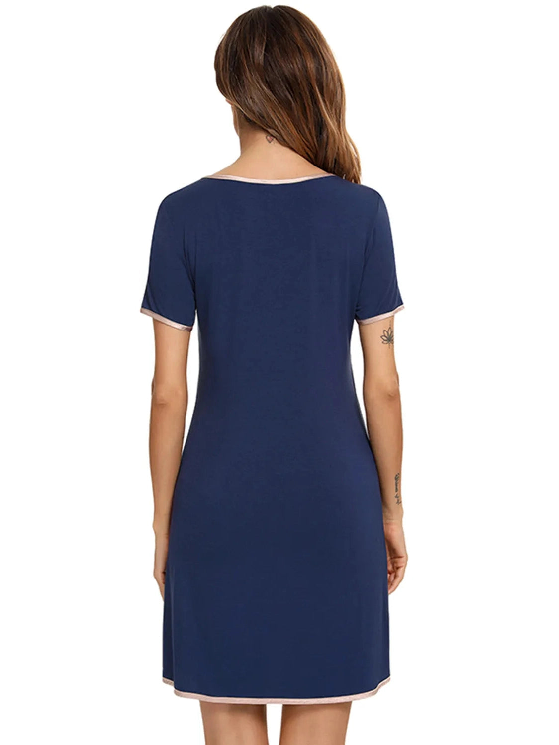 Contrast Trim Pocketed Round Neck Lounge Dress nicholesgifts