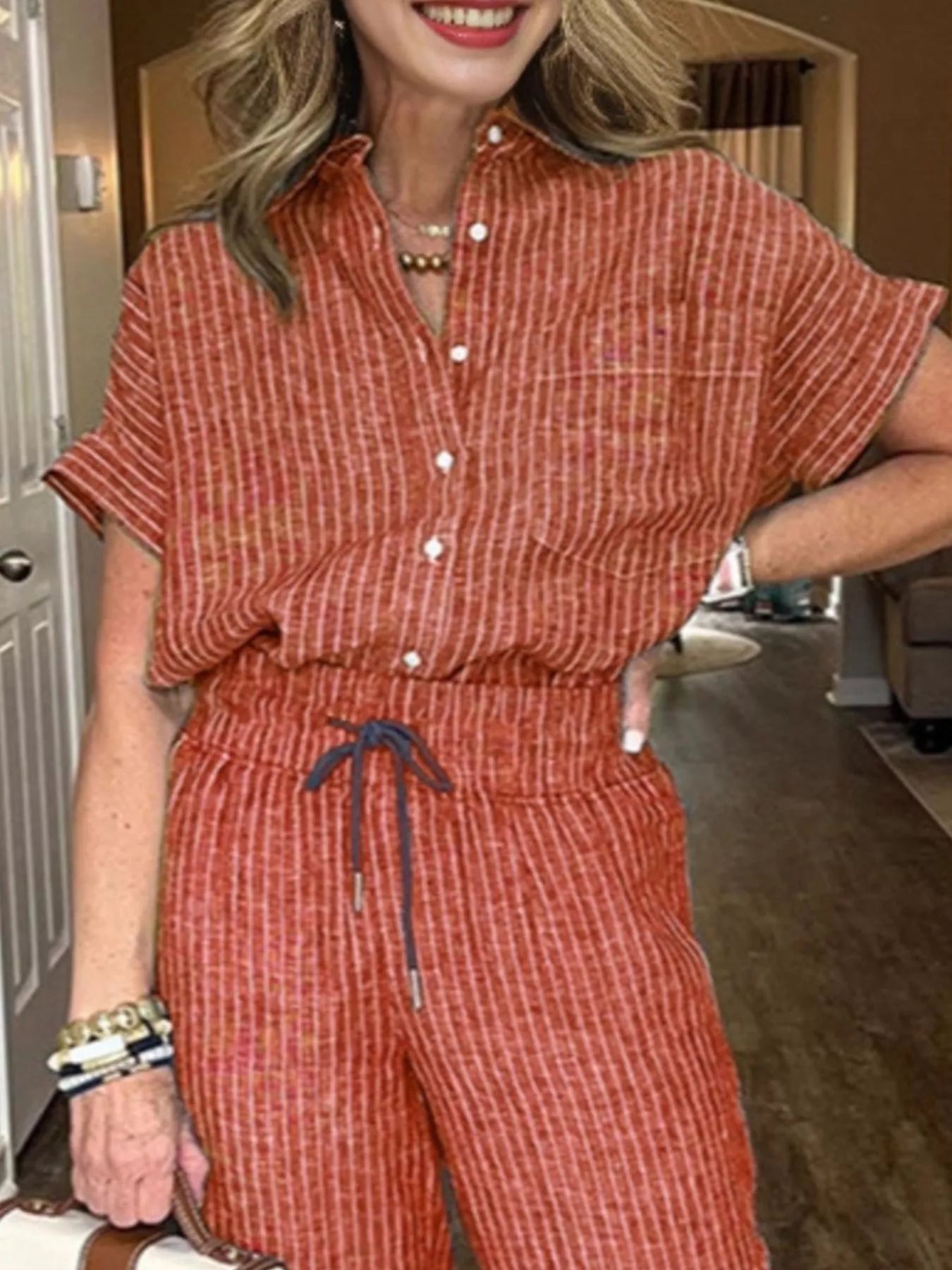 Full Size Striped Button-Up Shirt and Wide Leg Pants Casual Set Plus Size Trendsi