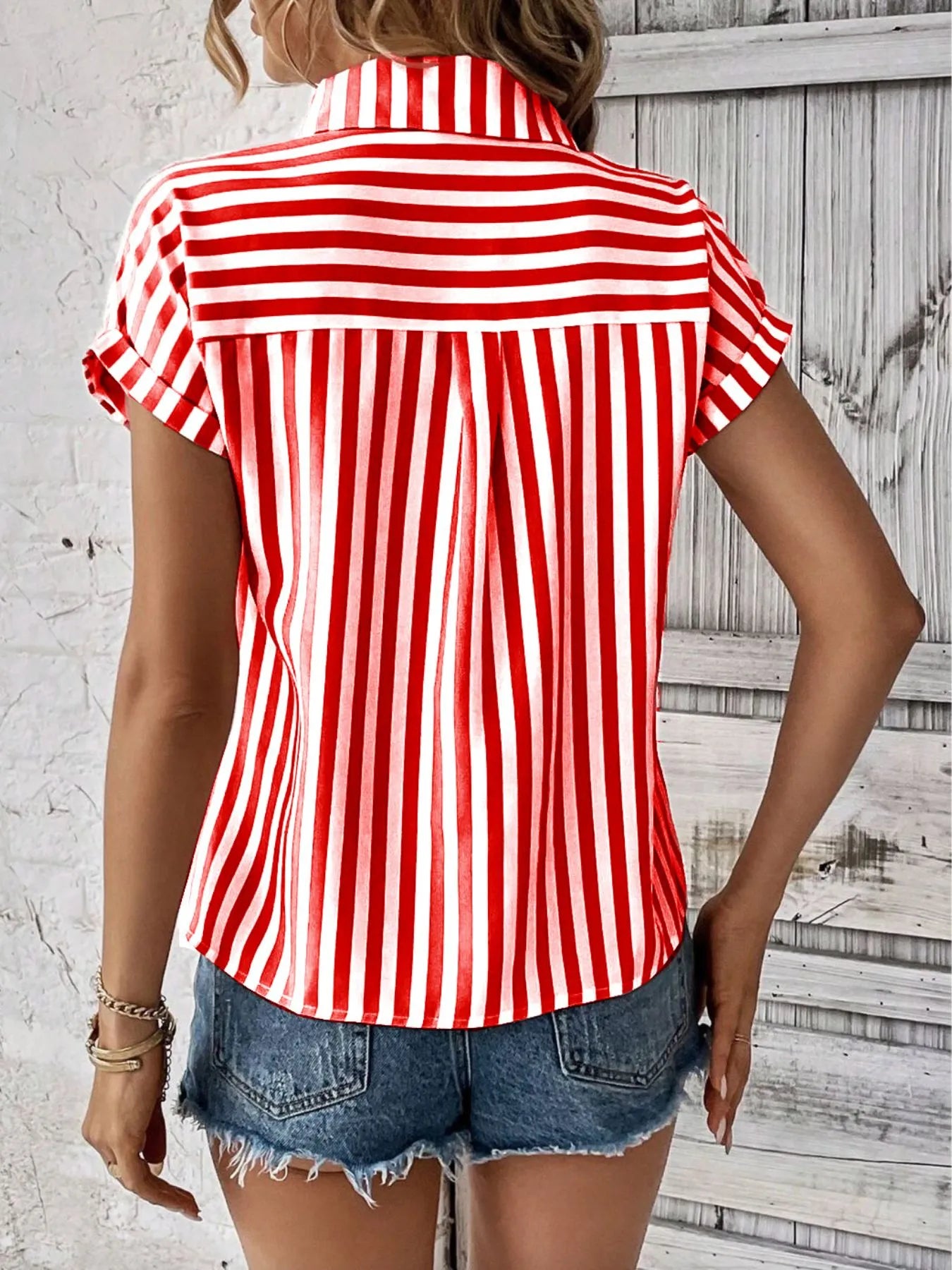 Striped Button-Up Short Sleeve Shirt with Pocket