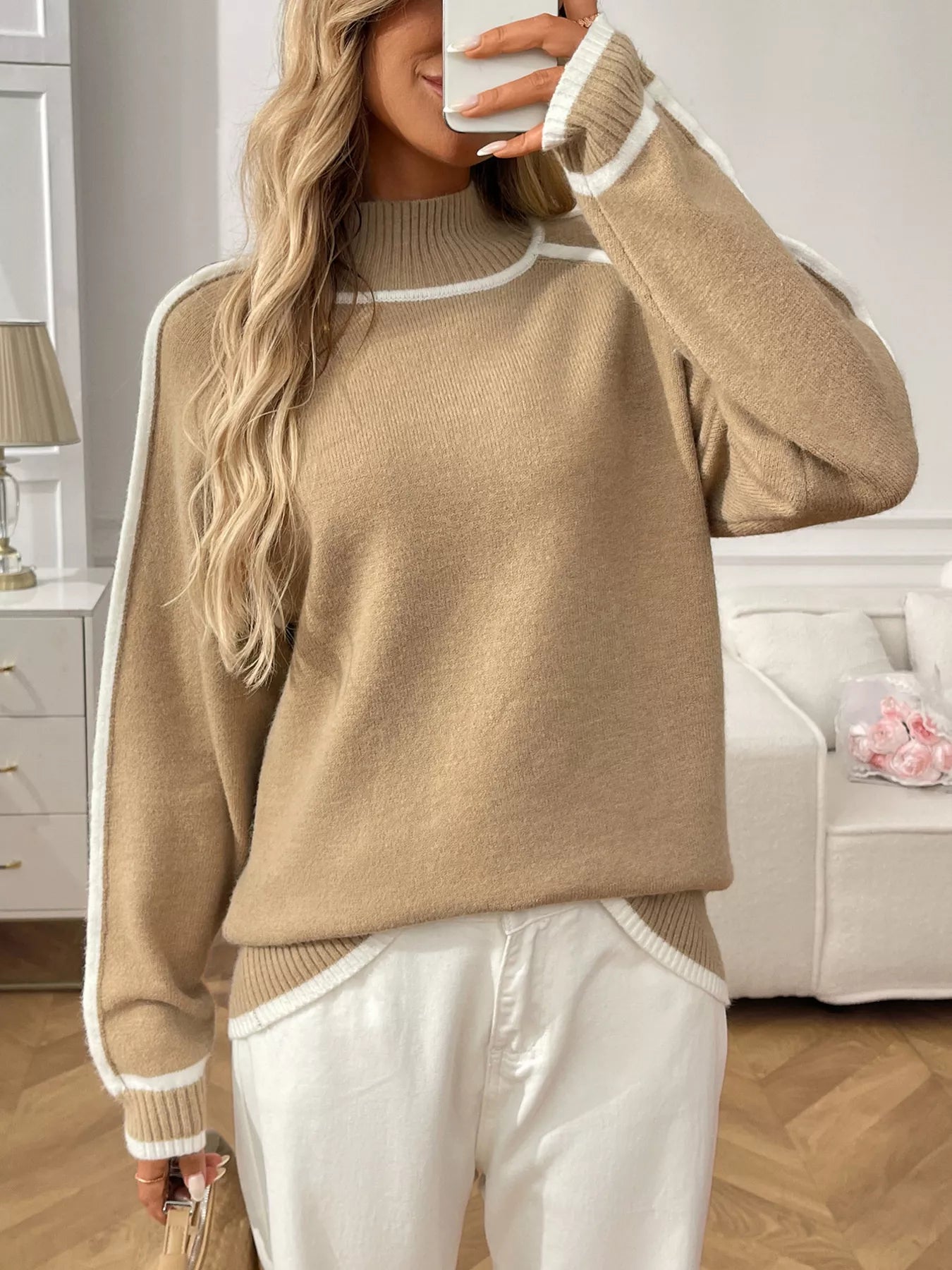 Contrast Trim Turtleneck Long Sleeve Sweater Trendsi