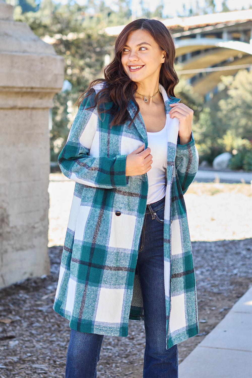 Double Take Full Size Plaid Button Up Lapel Collar Coat nicholesgifts