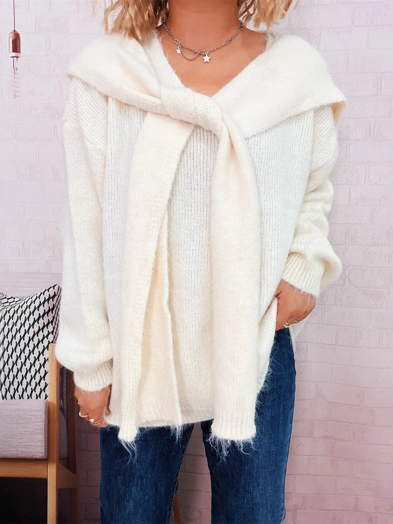 Ribbed Hem V-Neck Sweater with Shawl Trendsi