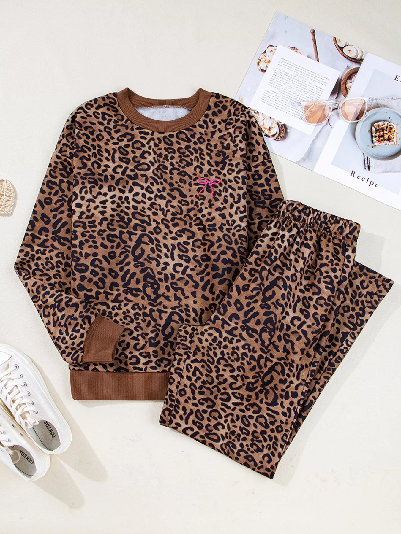 Leopard Print Contrast Trim Long Sleeve Top and Pants Set nicholesgifts