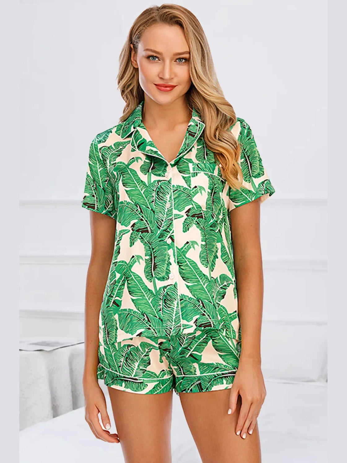 Printed Button Up Short Sleeve Top and Shorts Lounge Set nicholesgifts