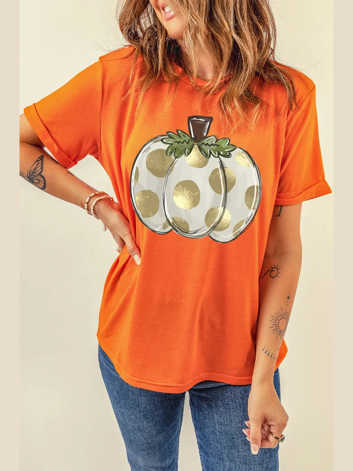 Pumpkin Graphic Round Neck Short Sleeve T-Shirt Trendsi