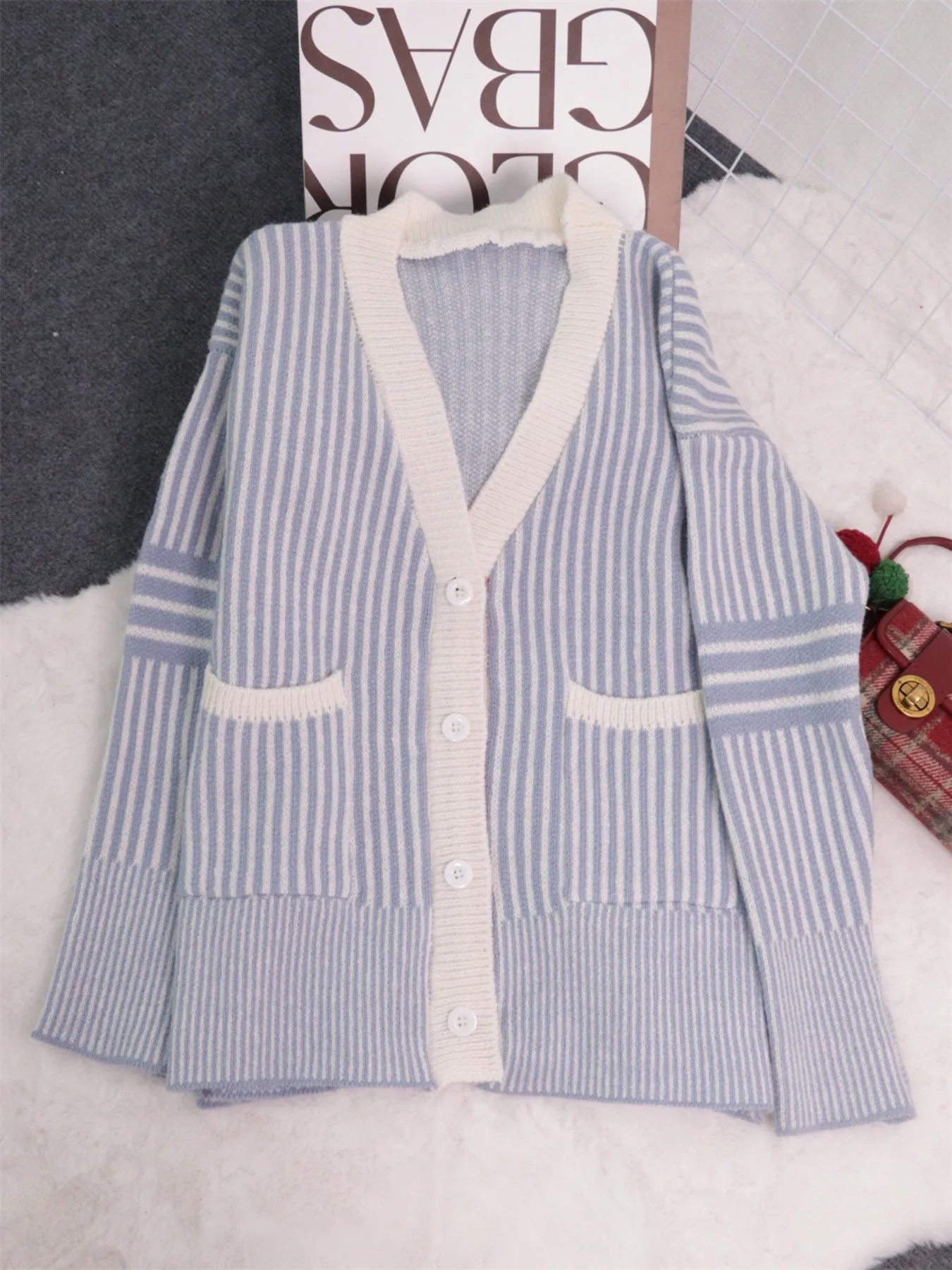 Striped Button-Front Cardigan with Contrast Trim
