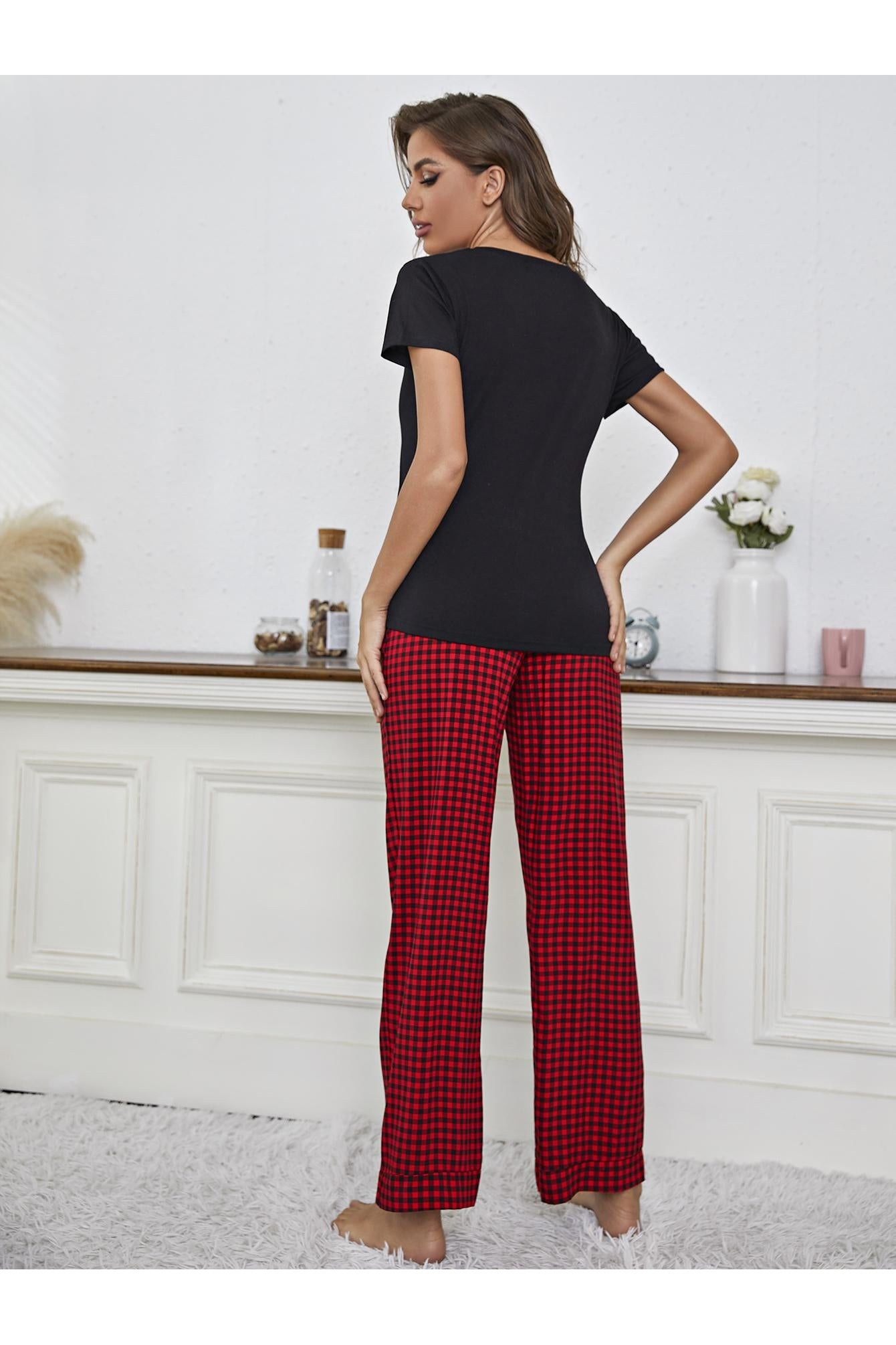 Women V-Neck Top and Gingham Pants Lounge Set nicholesgifts