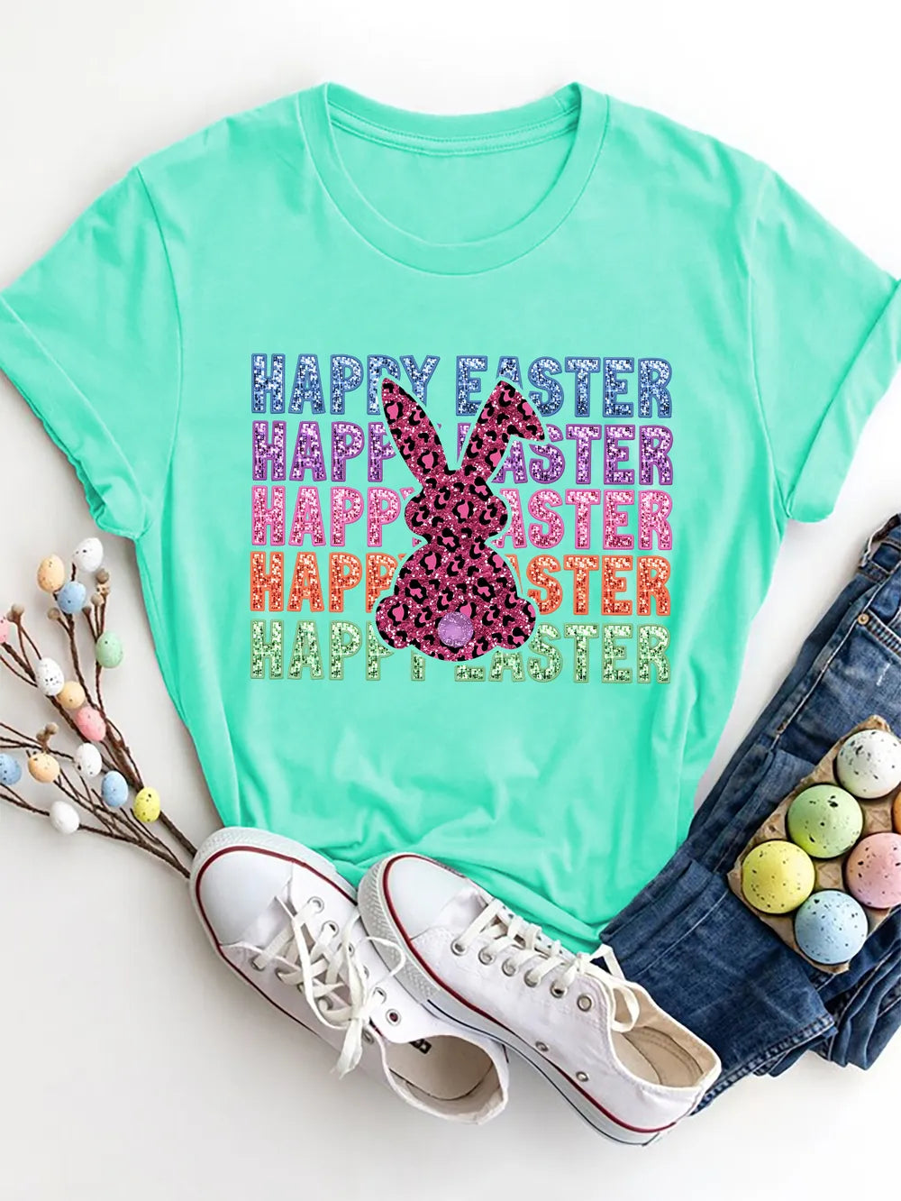 HAPPY EASTER Round Neck Short Sleeve T-Shirt nicholesgifts