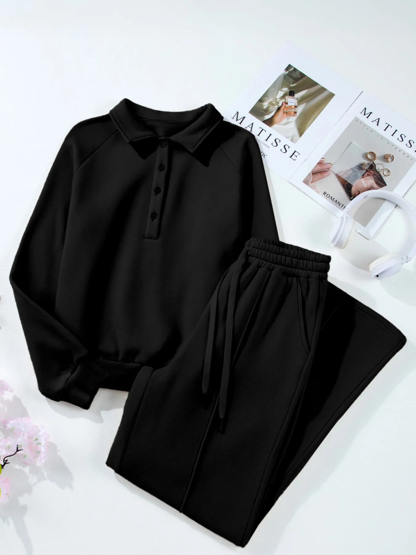 Collared Sweatshirt and High Waist Pants Active Set nicholesgifts