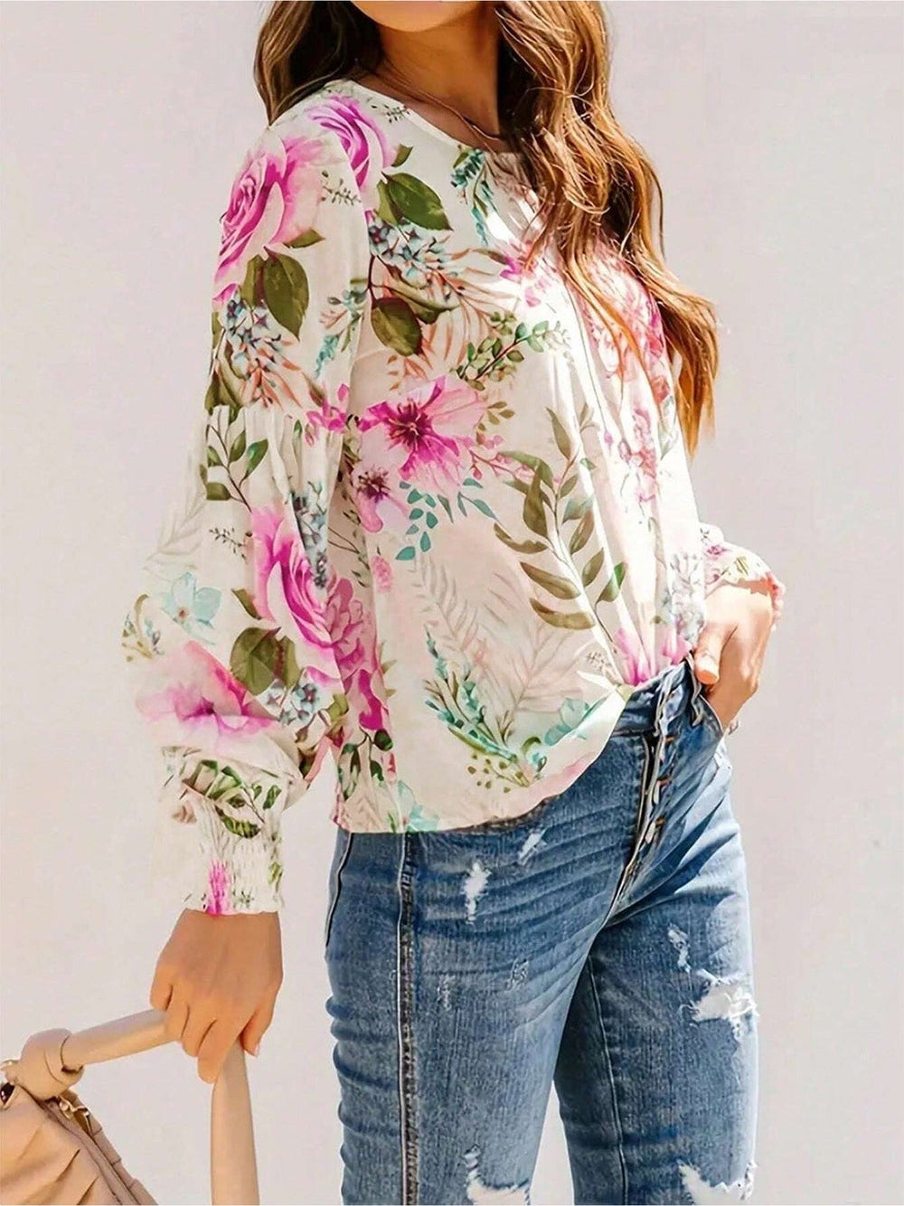 Women Printed Round Neck Lantern Sleeve Blouse nicholesgifts