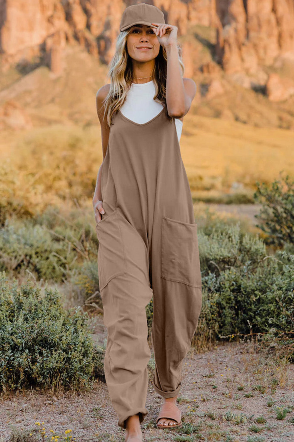 Double Take Full Size V-Neck Sleeveless Jumpsuit with Pockets nicholesgifts