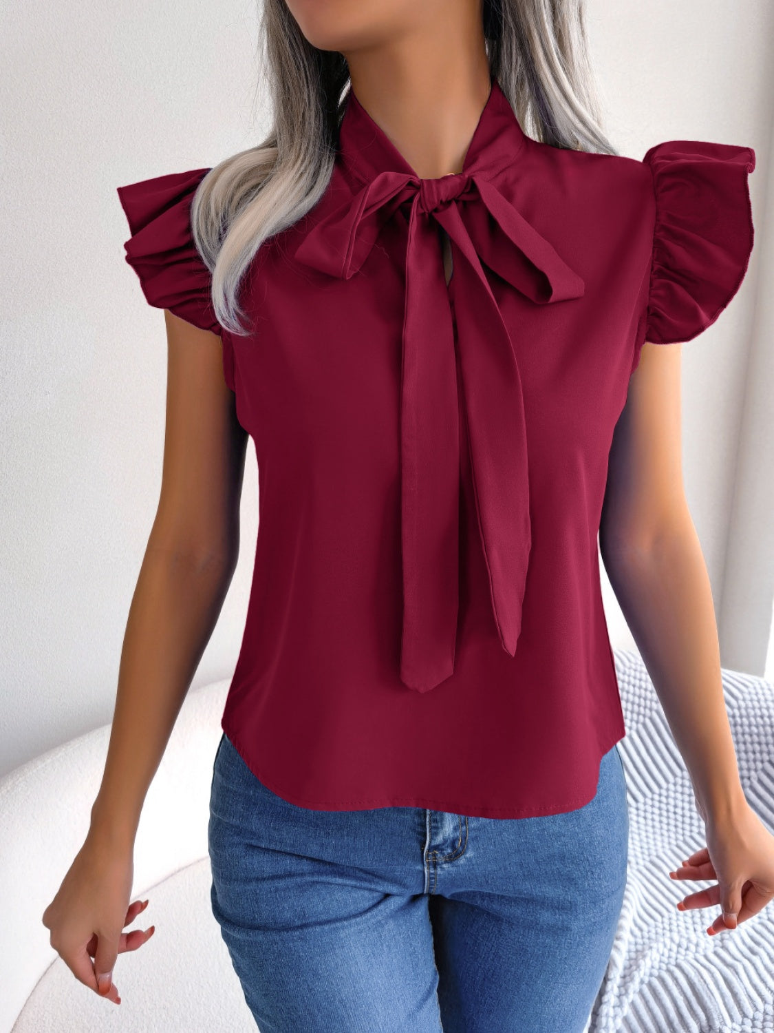 Tie Neck Cap Sleeve Blouse nicholesgifts