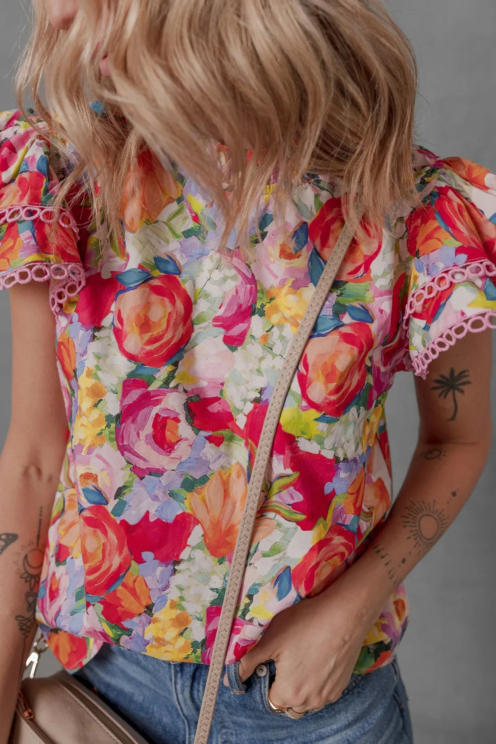 Lace Trim Ruffle Cap Sleeve Floral Blouse Trendsi