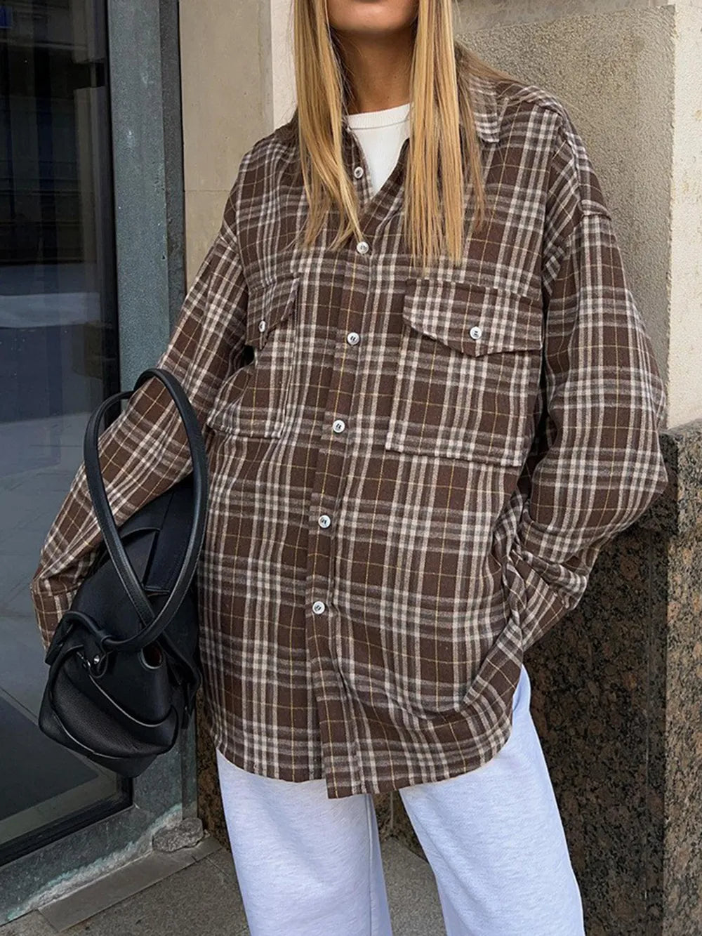 Pocketed Plaid Button Up Shacket nicholesgifts