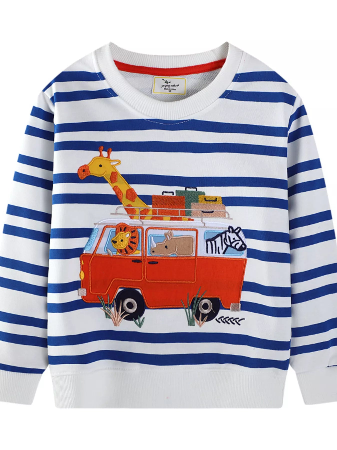 Children's Striped Animal Adventure Embroidered Sweatshirt Trendsi