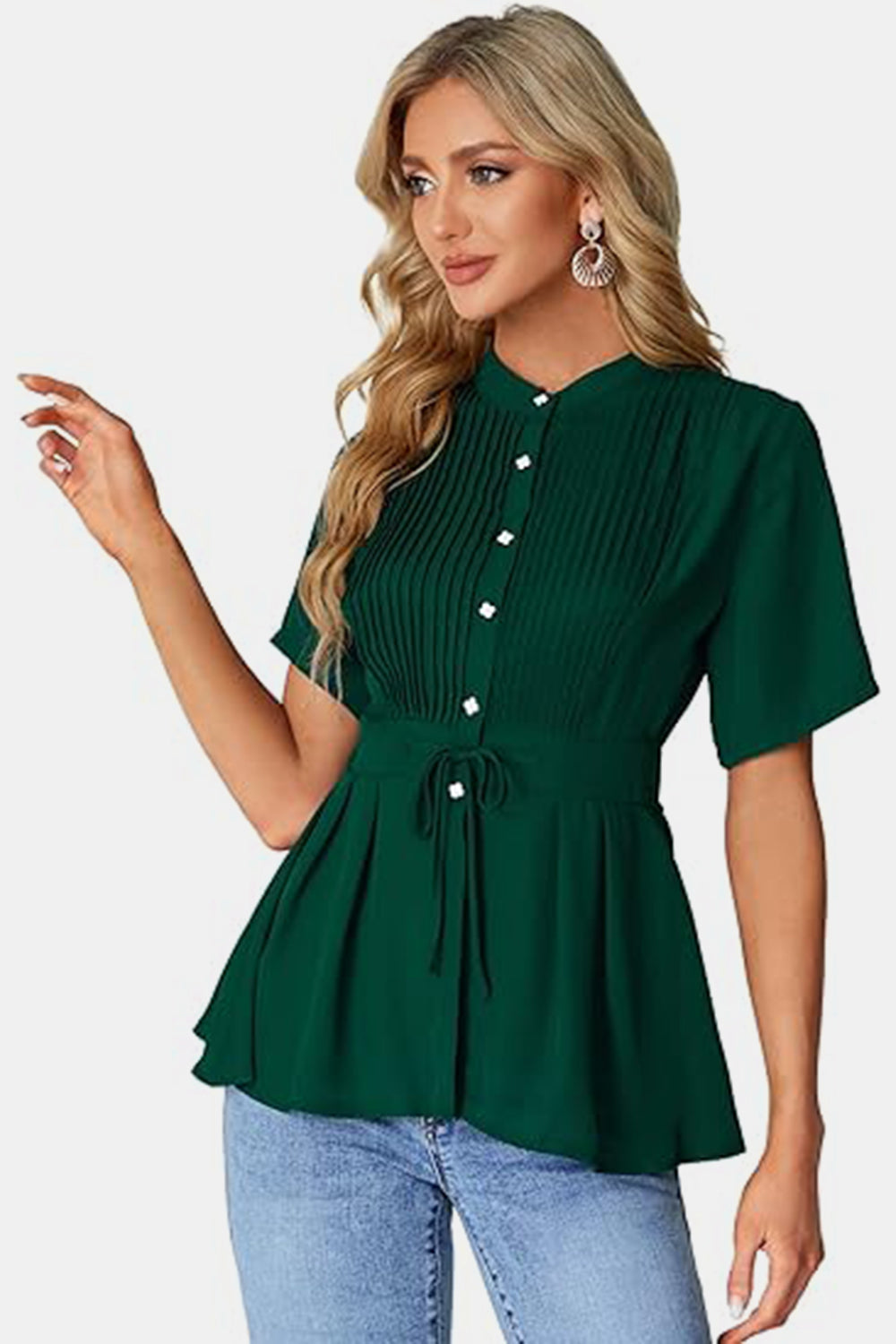 Tied Round Neck Short Sleeve Blouse nicholesgifts