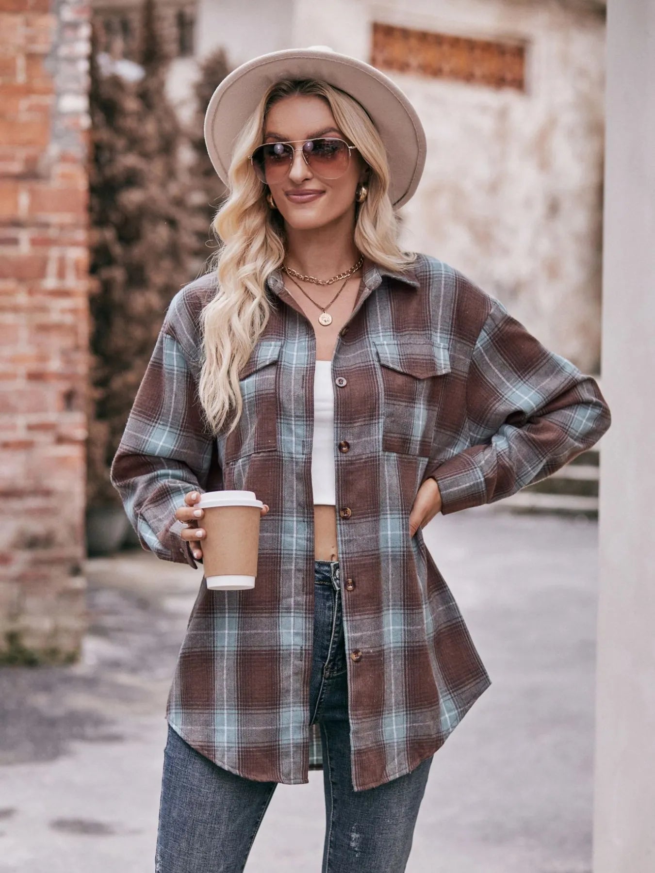 Plaid Button-Down Long Sleeve Shirt Trendsi