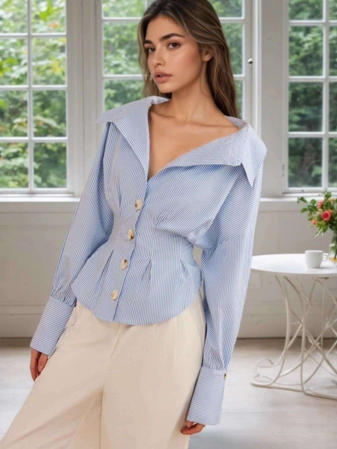 Striped Button-Up Long Sleeve Shirt Trendsi