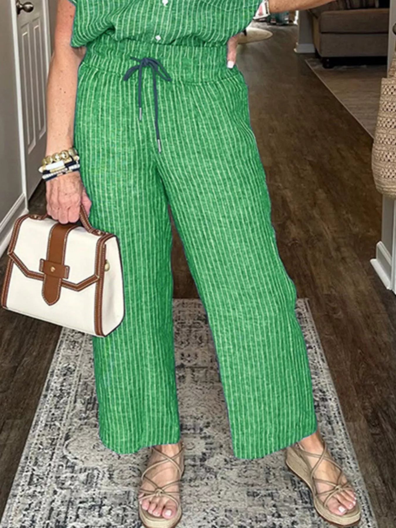 Full Size Striped Button-Up Shirt and Wide Leg Pants Casual Set Plus Size Trendsi