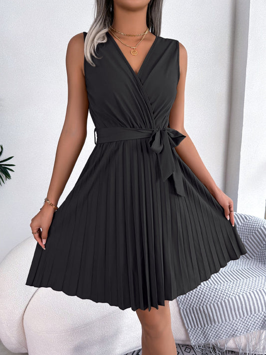 Tied Surplice Sleeveless Pleated Dress nicholesgifts