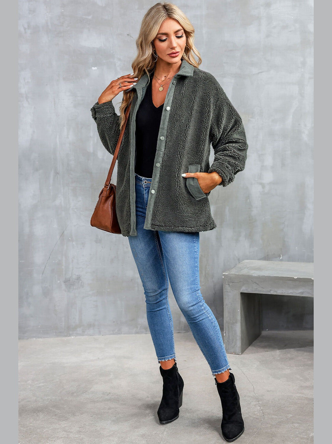 Collared Neck Drop Shoulder Jacket Trendsi