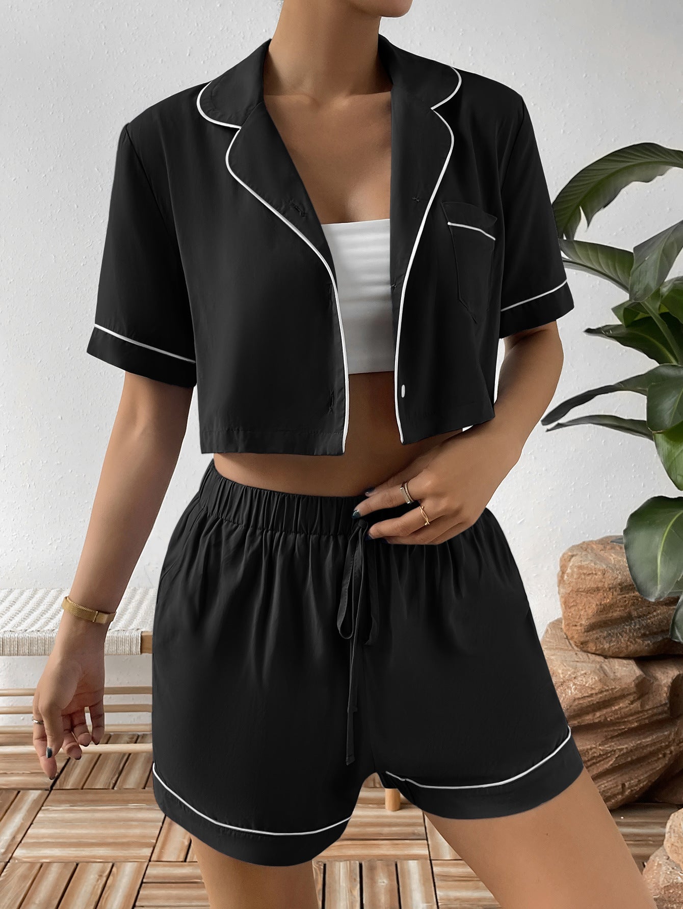 Ivy Lane Contrast Lapel Collar Cropped Shirt and Shorts Lounge Set nicholesgifts