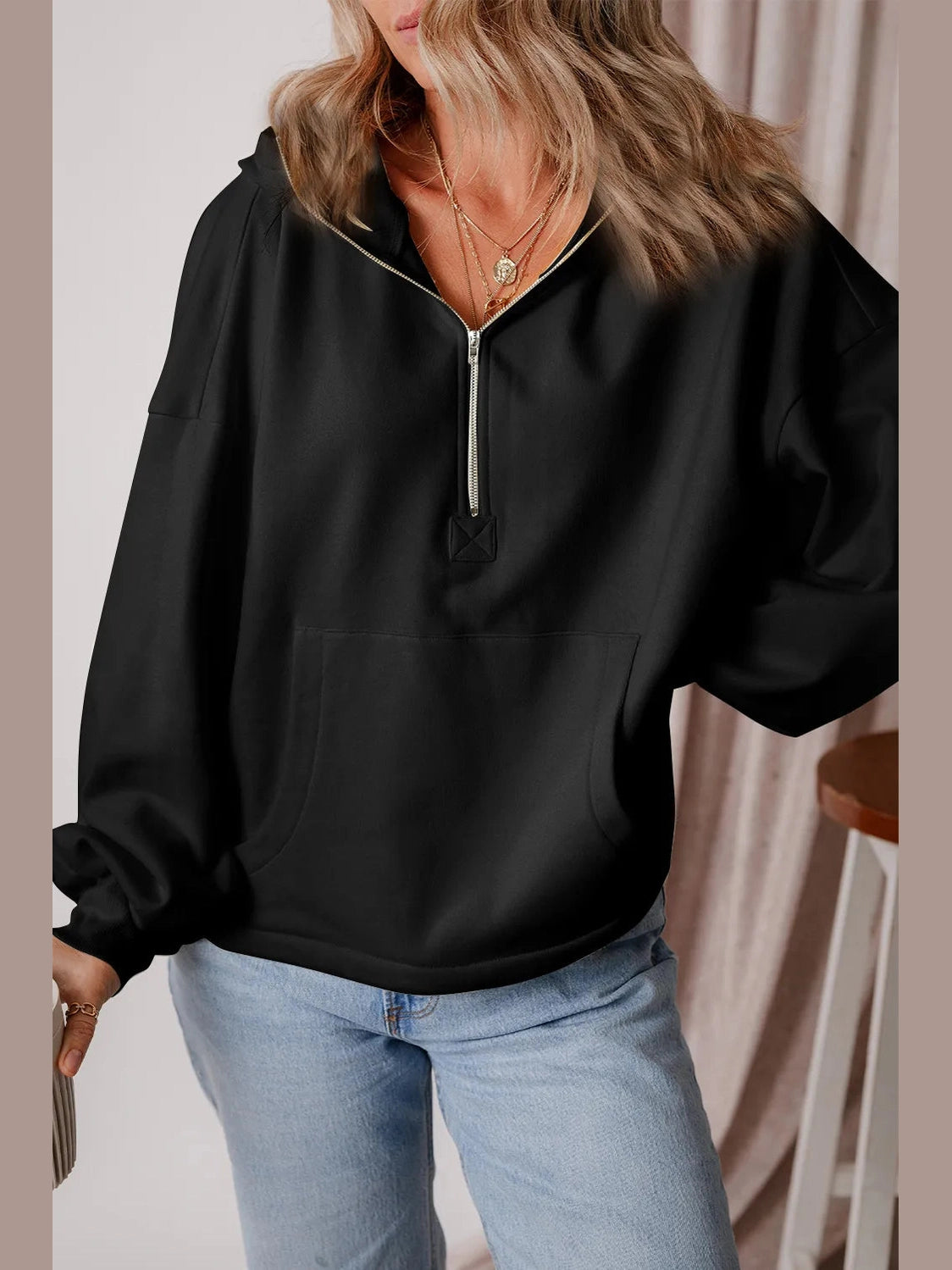 Pocketed Half Zip Dropped Shoulder Hoodie Trendsi