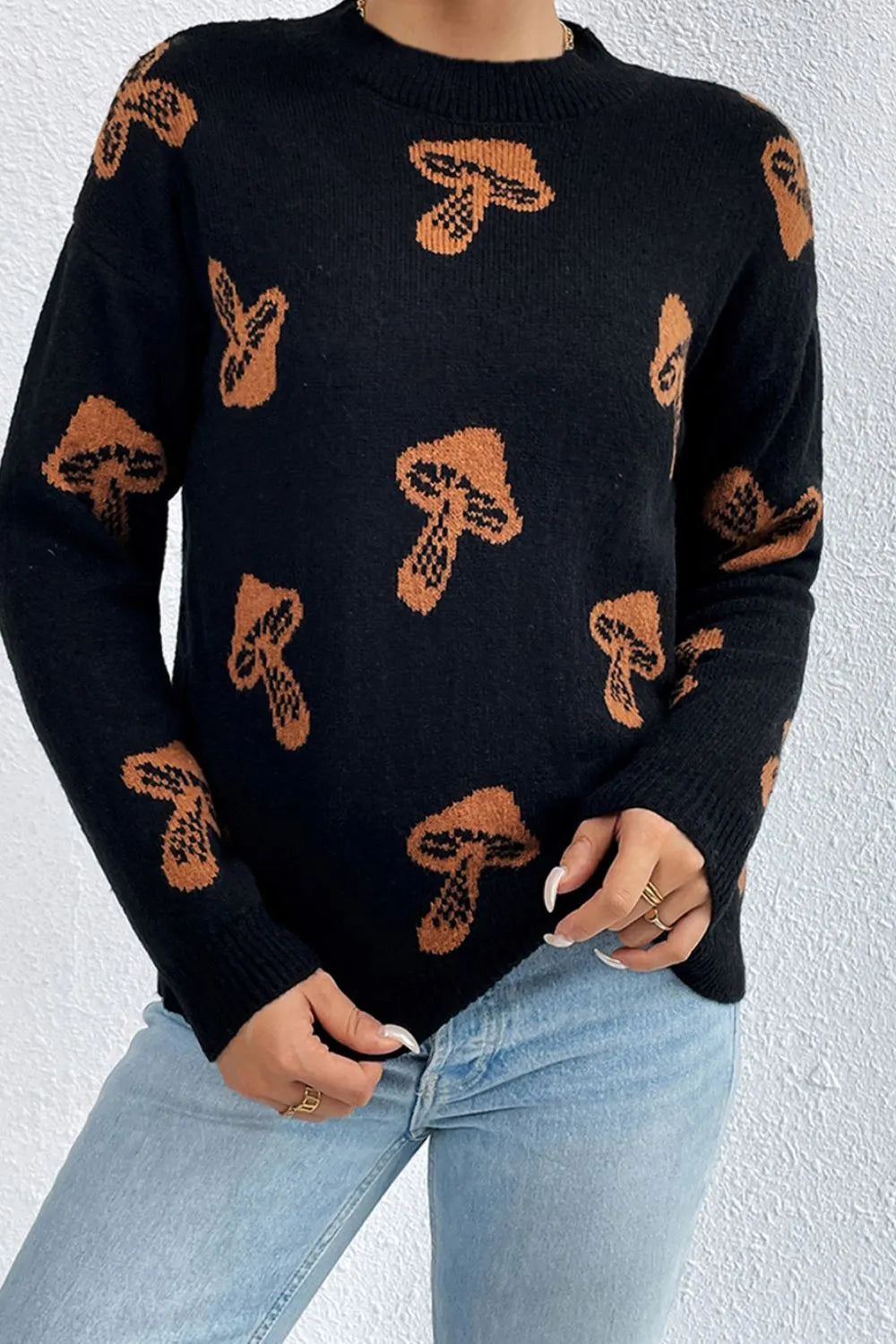 Women Graphic Mock Neck Dropped Shoulder Sweater