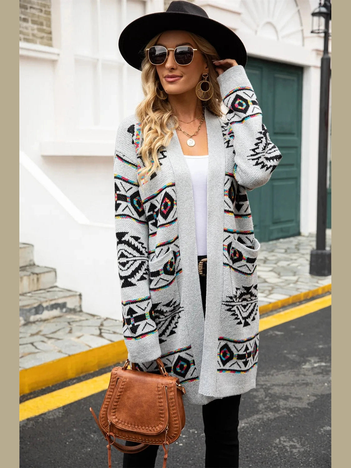 Angel Wings Pocketed Geometric Open Front Dropped Shoulder Cardigan nicholesgifts