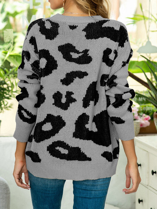 Drop Shoulder Leopard Pullover Sweater nicholesgifts