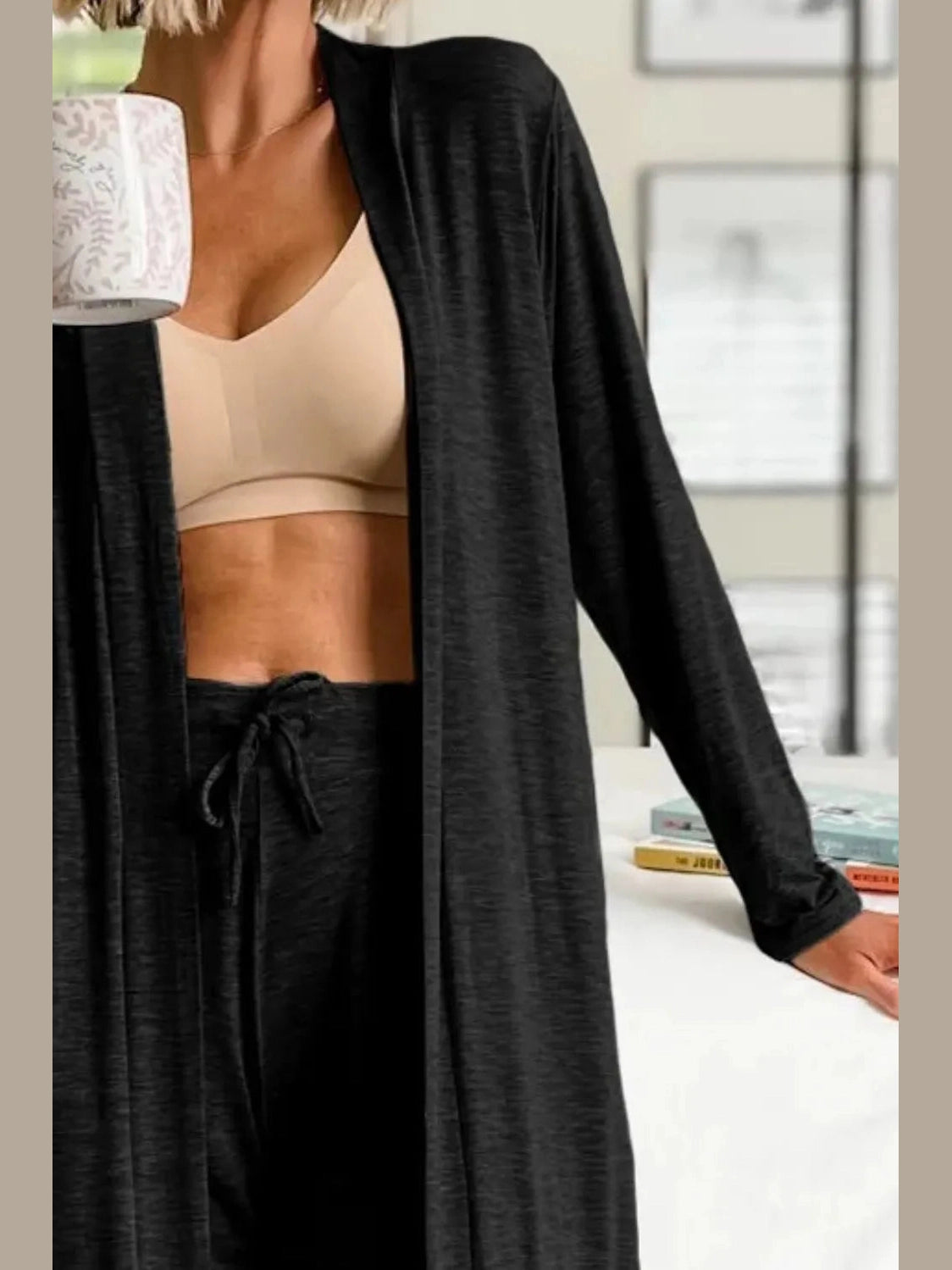 Open Front Long Sleeve Cardigan and Pants Lounge Set nicholesgifts