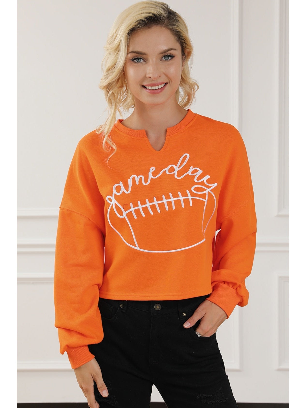 Women Game Day Football Graphic Notched Sweatshirt nicholesgifts