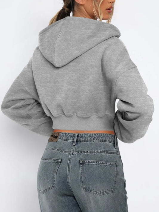Zip Up Long Sleeve Hooded Cropped Jacket nicholesgifts