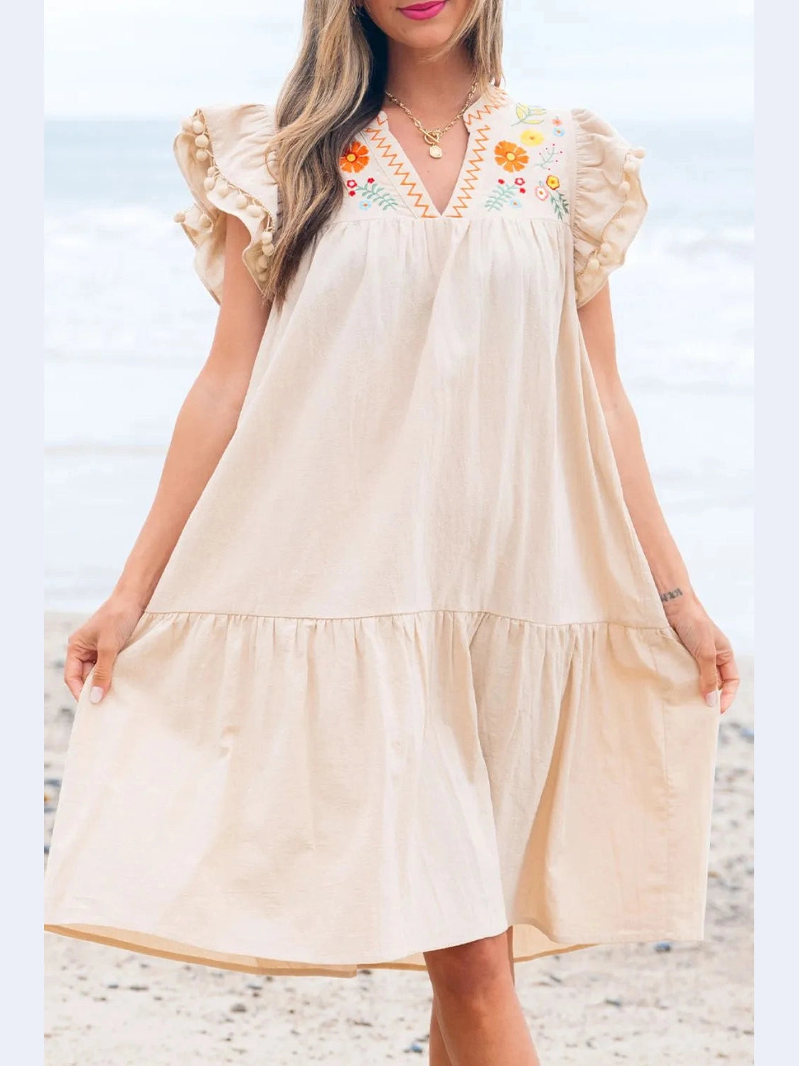Floral Embroidery Pom Pom Ruffle Sleeves Mini Dress NicholesGifts