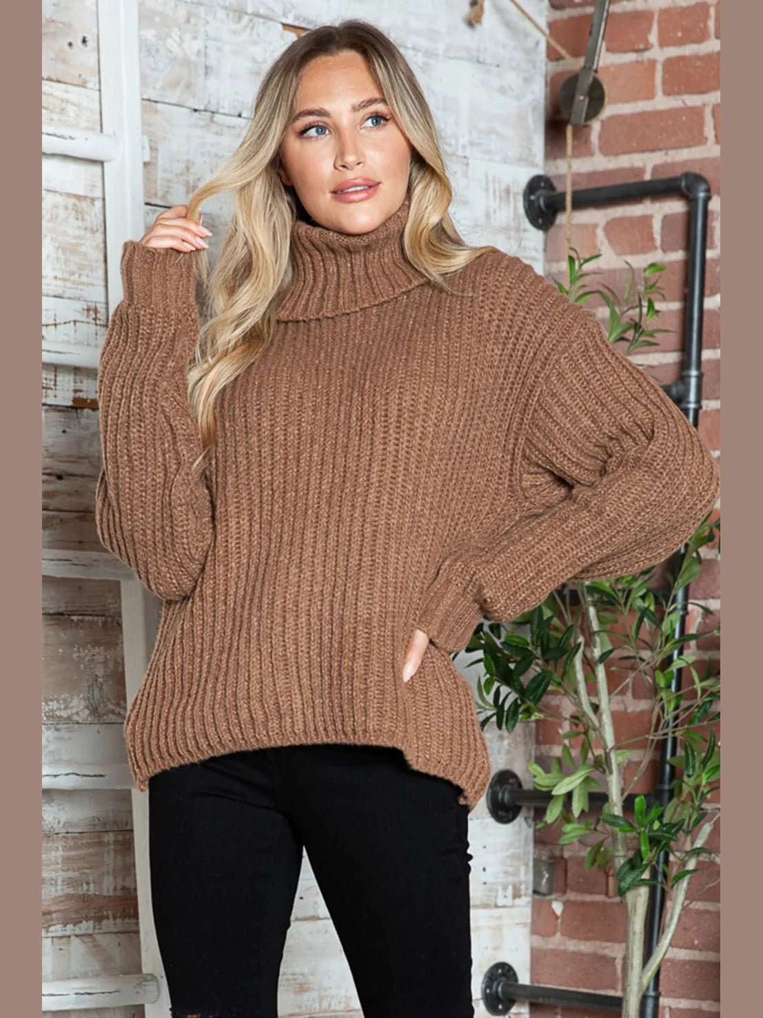 Turtleneck Dropped Shoulder Pullover Sweater nicholesgifts