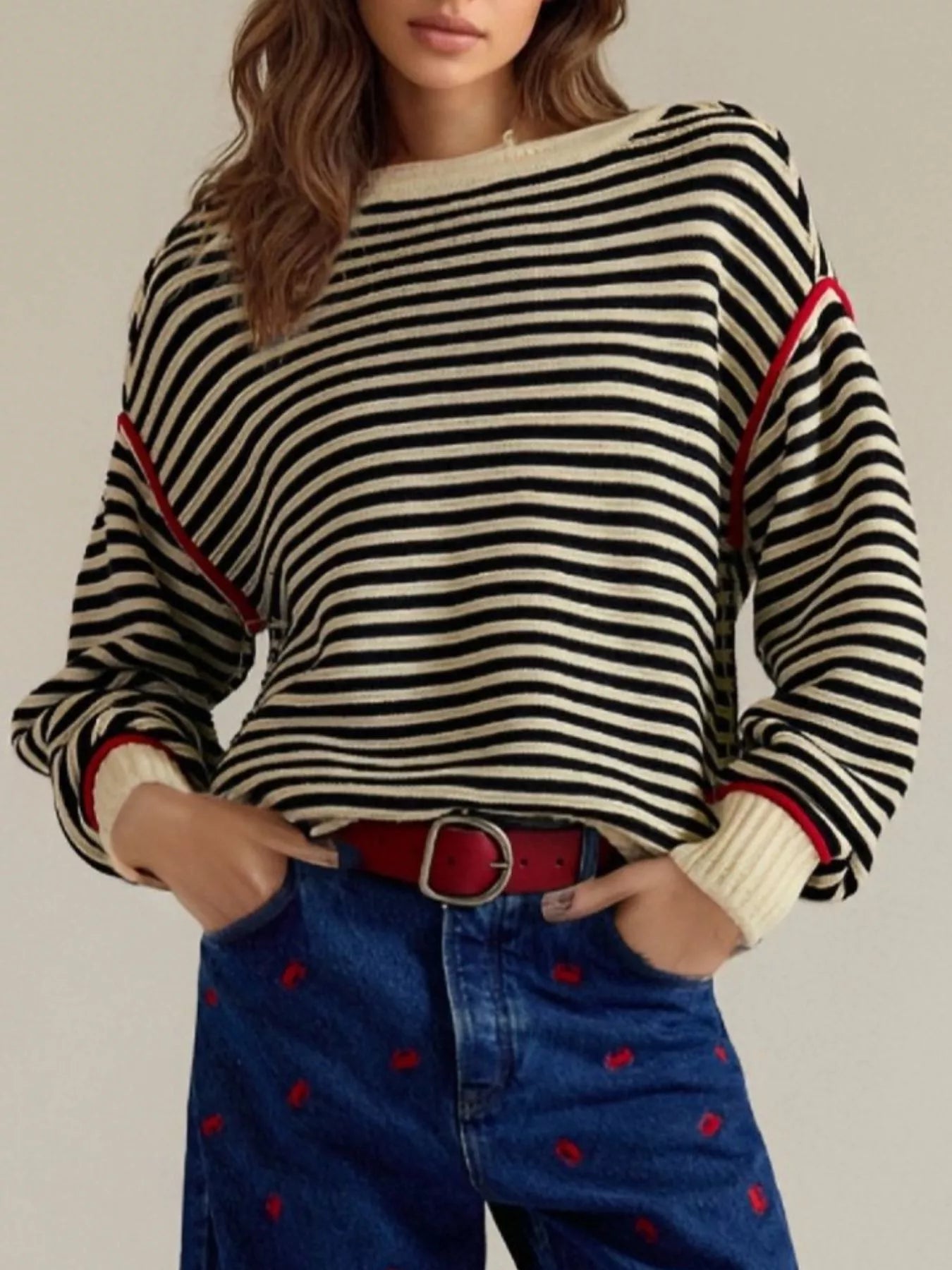Striped Round Neck Long Sleeve Sweater Trendsi