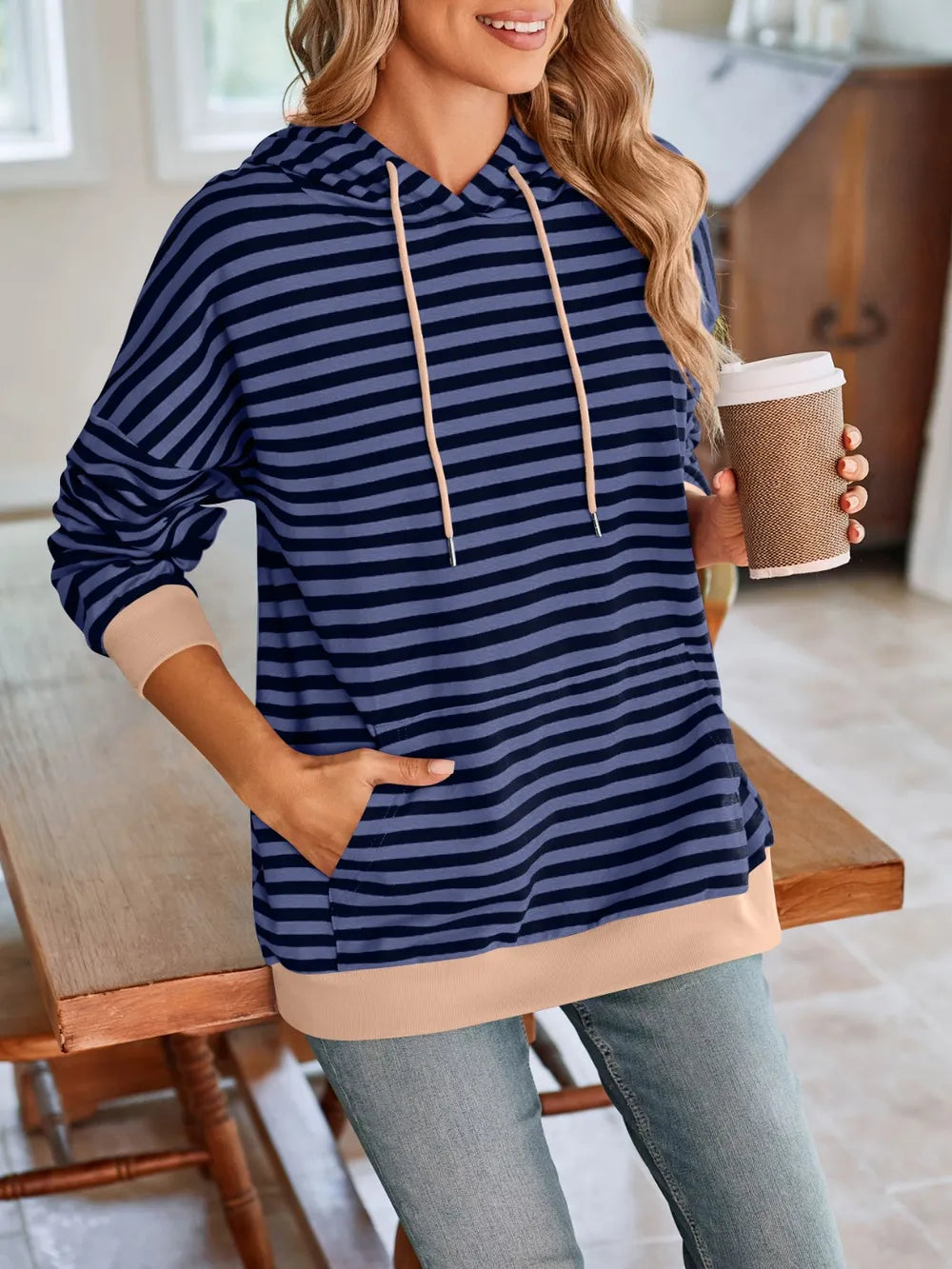 Lovelet Drawstring Striped Long Sleeve Hoodie Trendsi