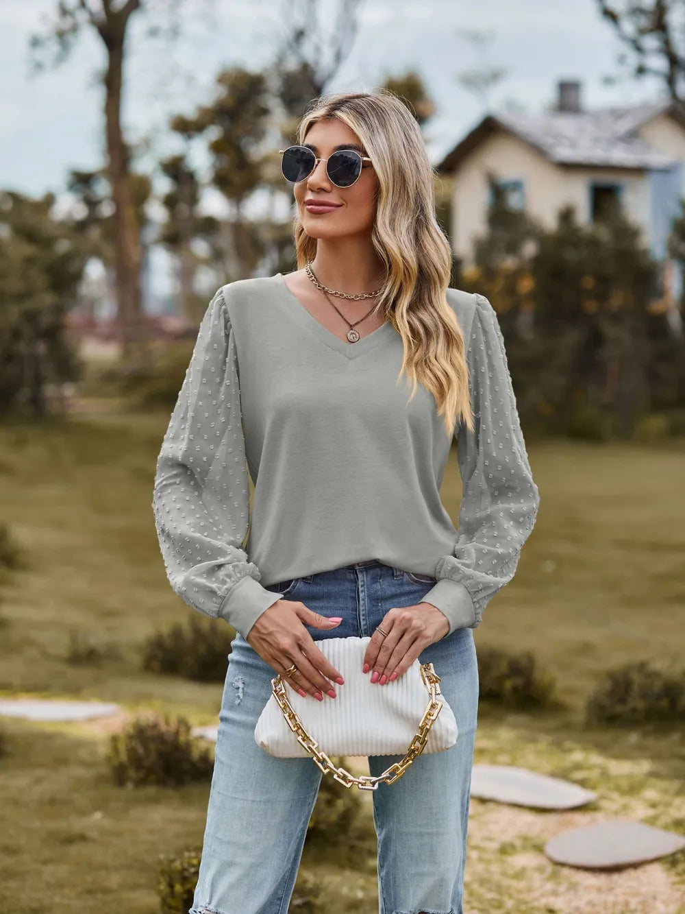 Swiss Dot V-Neck Long Sleeve Blouse NicholesGifts
