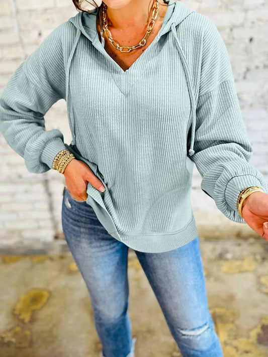 Ribbed Drop Shoulder Knit Hoodie Trendsi